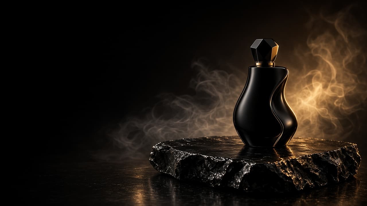 Frasco de perfume negro iluminado en dorado